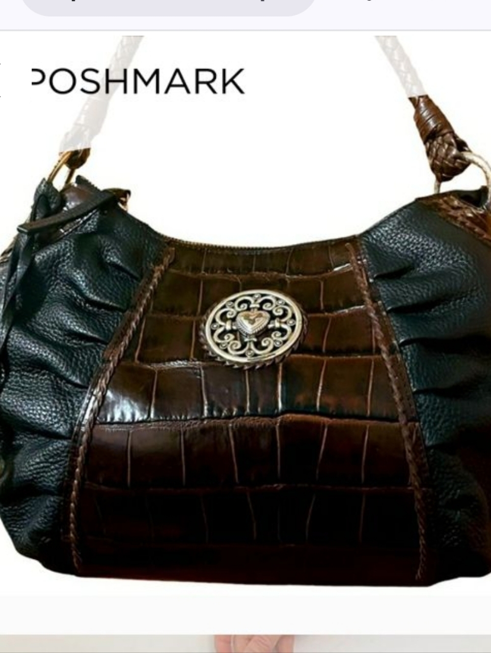 Brighton Croc-Embossed Braided Handle Shoulder Bag EUC